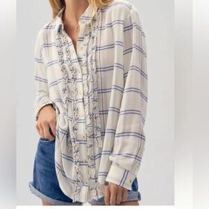 Pilcro Tuxedo Buttondown Shirt Womens Size XS White Blue Plaid Ruffles Coastal